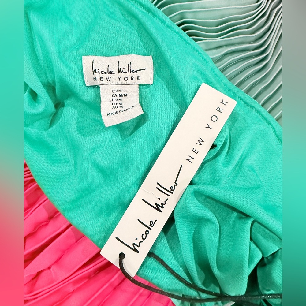 Nicole Miller Ombré One-Shoulder Pleated Maxi Dress Teal Pink– Size M - Picture 5 of 8